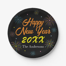 平カラフル正月大晦日パーティー – 黒 ペーパープレート