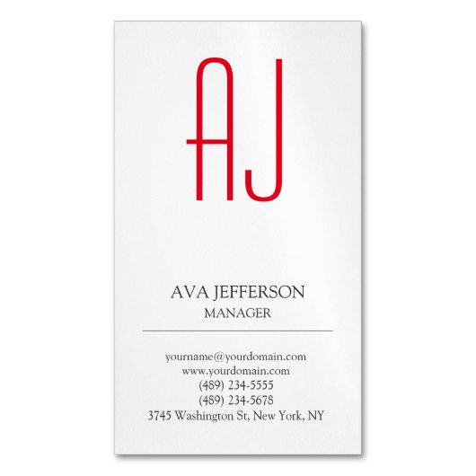 平モダン直シンプル鉛白色モノグラム マグネット名刺 (正面縦)