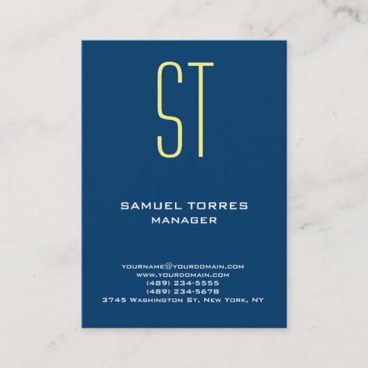 平モダン青シンプル黄色モノグラム 名刺 (正面)