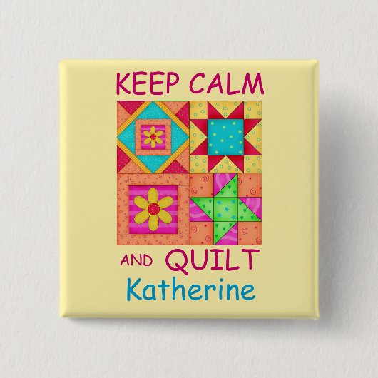 平保容とキルトパッチワークカラフルブロック 缶バッジ (正面)