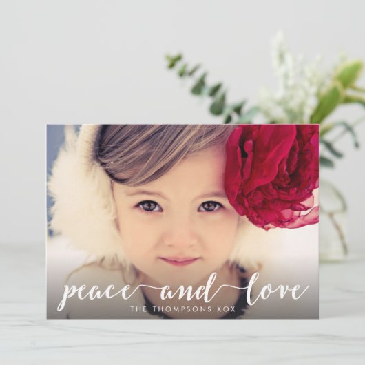 平和および愛白い原稿のクリスマスの写真の上敷 シーズンカード (スタンド正面)