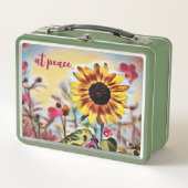 平和でかわいらし黄色のひまわりとピンクの花 メタルランチボックス (正面)