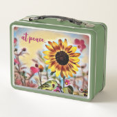 平和でかわいらし黄色のひまわりとピンクの花 メタルランチボックス (裏面)