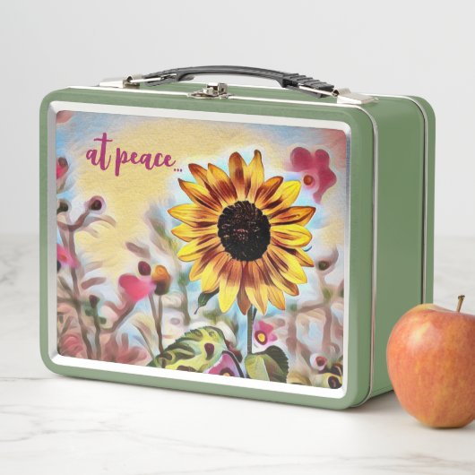 平和でかわいらし黄色のひまわりとピンクの花 メタルランチボックス (インサイチュ)
