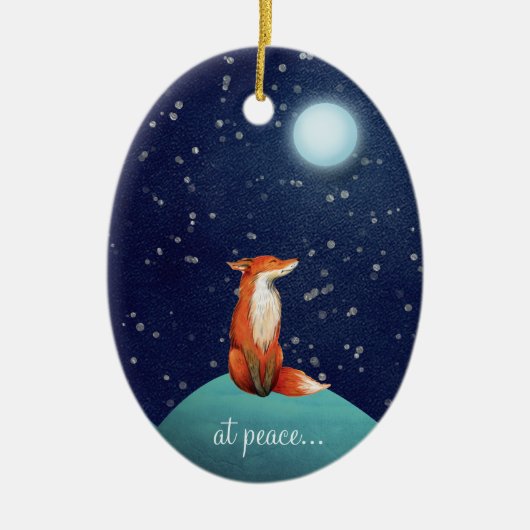 平和でパーソナライズされたキツネで満月のクリスマス セラミックオーナメント (正面)