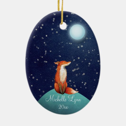 平和でパーソナライズされたキツネで満月のクリスマス セラミックオーナメント (裏面)