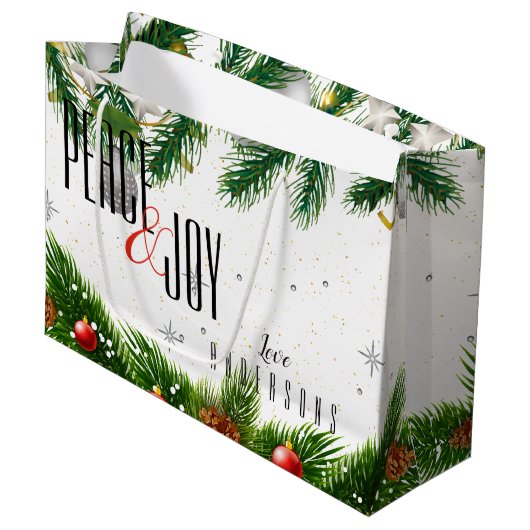 平和とエレガント喜び赤い果実の名前クリスマス ラージペーパーバッグ (正面アングル)