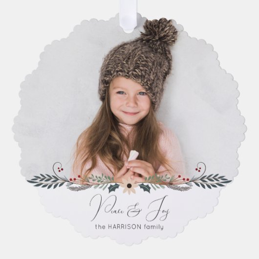 平和とモダン喜びクリスマス植物写真 オーナメントカード (正面)