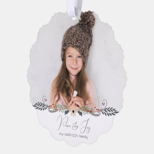 平和とモダン喜びクリスマス植物写真 オーナメントカード (左)