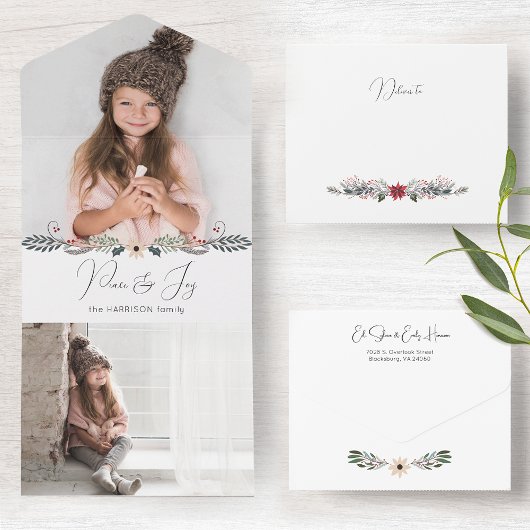 平和とモダン喜びクリスマス植物写真 オールインワン招待状