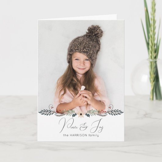 平和とモダン喜びクリスマス植物写真 シーズンカード (正面)