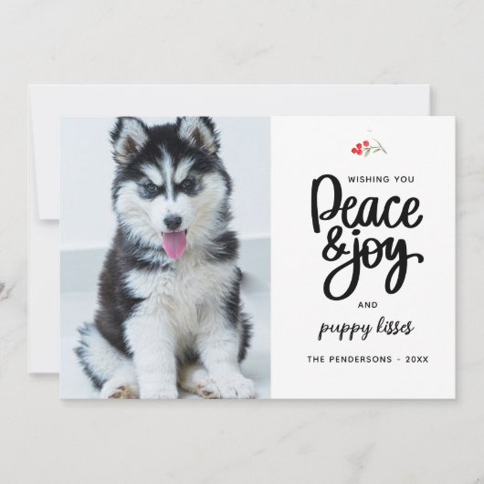 平和と喜びと子犬のキス、2枚の写真カスタム シーズンカード (正面)