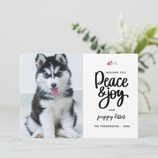 平和と喜びと子犬のキス、2枚の写真カスタム シーズンカード (スタンド正面)