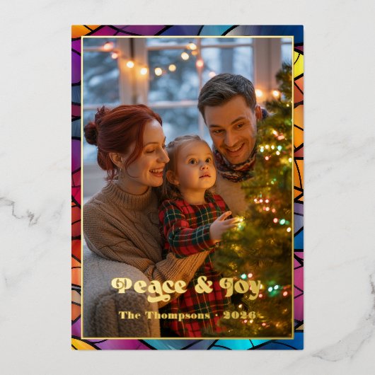 平和と喜びのステンドグラス窓のクリスマス写真 箔シーズンカード (正面)