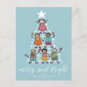 平和と喜びの漫画カラフルクリスマスツリーの子供 シーズンポストカード (正面)