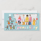 平和と喜びの漫画クリスマスツリーの子供のおもしろい写真 シーズンカード (正面)