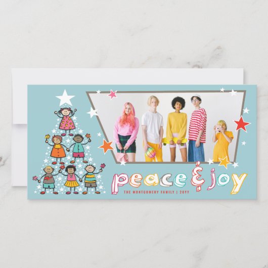平和と喜びの漫画クリスマスツリーの子供のおもしろい写真 シーズンカード (正面)