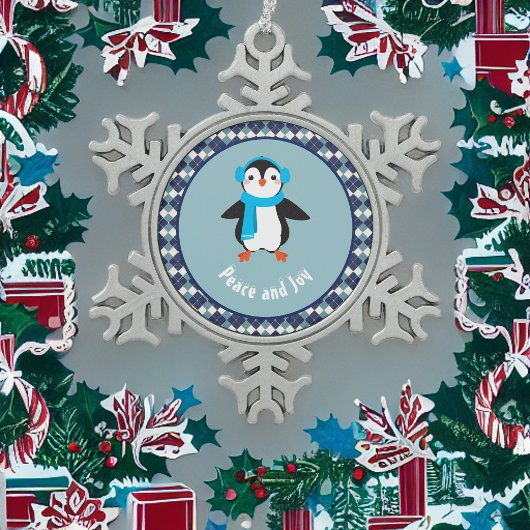 平和と喜びを癒すキュートなペンギン スノーフレークピューターオーナメント