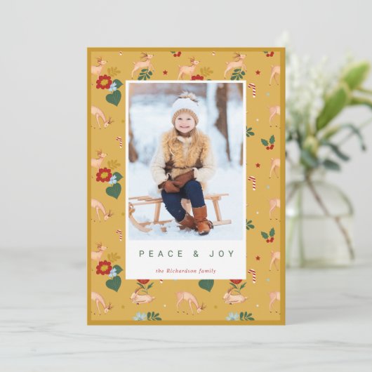 平和と喜びイエロートナカイ花のパターン写真 シーズンカード (スタンド正面)