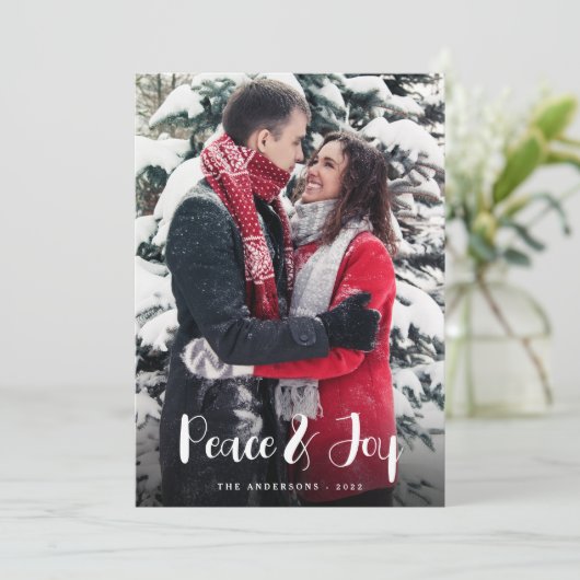 平和と喜び垂直方向の写真クリスマス シーズンカード (スタンド正面)