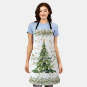 平和と喜び緑のクリスマスツリー エプロン (着用した状態)