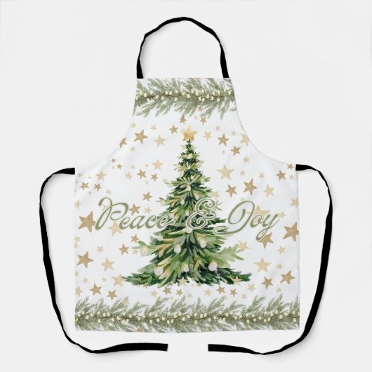 平和と喜び緑のクリスマスツリー エプロン (正面)
