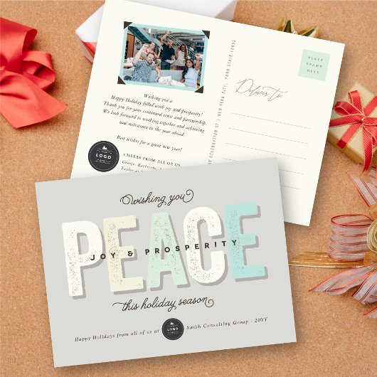 平和と喜び繁栄のタイポグラフィはっきりした事業 シーズンポストカード