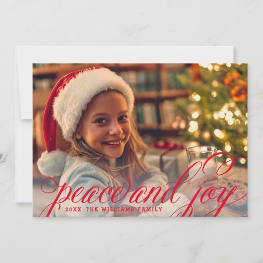 平和と喜び赤の手書きスクリプトの写真 シーズンカード (正面)