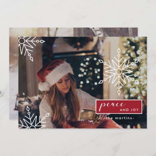 平和と喜び3枚の写真と雪の結晶クリスマス シーズンカード (正面/裏面)