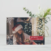 平和と喜び3枚の写真と雪の結晶クリスマス シーズンカード (スタンド正面)