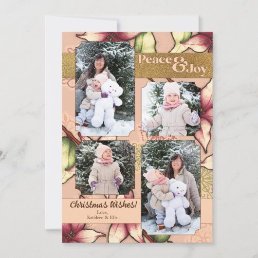 平和と喜び、ピンクと金ゴールドポインセチアの写真 シーズンカード (正面)