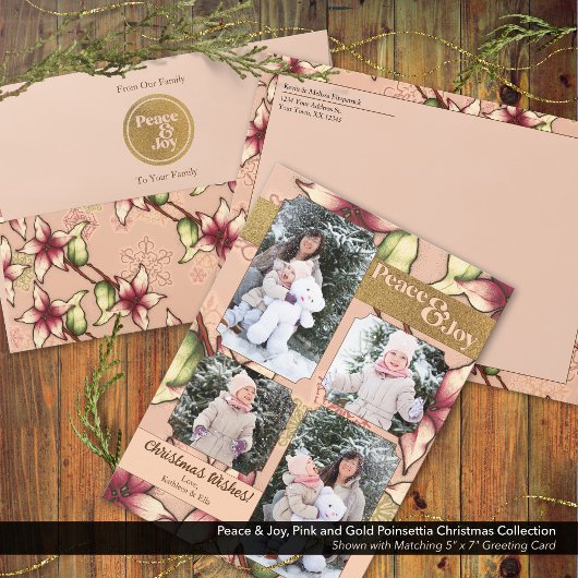 平和と喜び、ピンクと金ゴールドポインセチアの写真 シーズンカード