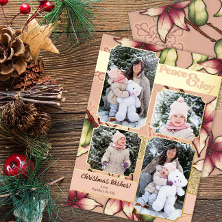 平和と喜び、ピンクと金ゴールドポインセチアの写真 箔シーズンカード