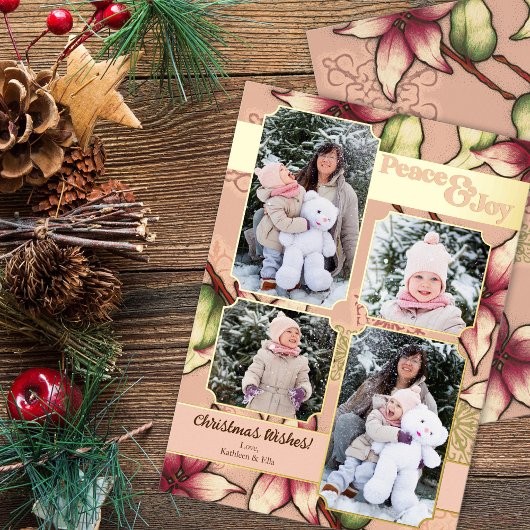 平和と喜び、ピンクと金ゴールドポインセチアの写真 箔シーズンカード