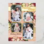 平和と喜び、ピンクと金ゴールドポインセチアの写真 箔シーズンカード (正面)