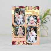 平和と喜び、ピンクと金ゴールドポインセチアの写真 箔シーズンカード (立ち正面)