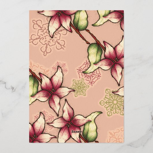 平和と喜び、ピンクと金ゴールドポインセチアの写真 箔シーズンカード (裏面)