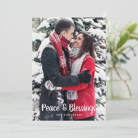 平和と恵み |写真の縦型クリスマス シーズンカード (スタンド正面)