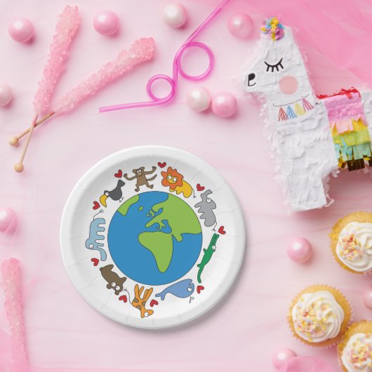 平和と愛かわいい世界のアニメ動物 ペーパープレート (パーティー)