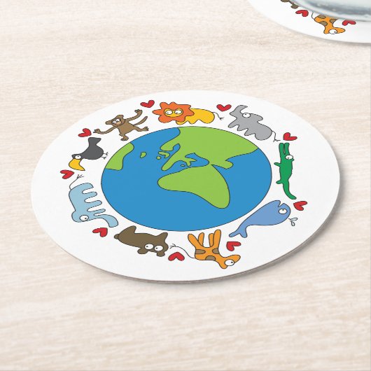 平和と愛かわいい世界のアニメ動物 ラウンドペーパーコースター (アングル)