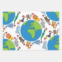 平和と愛かわいい世界のアニメ動物 ラッピングペーパーシート