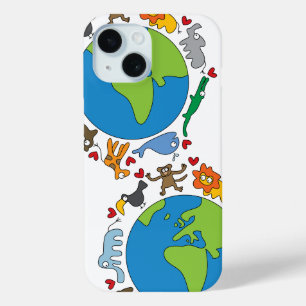 平和と愛かわいい世界のアニメ動物 iPhone 15ケース