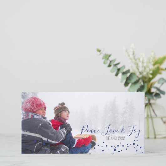 平和と愛と喜びのクリスマスまたはハヌカーフォトカード シーズンカード (スタンド正面)