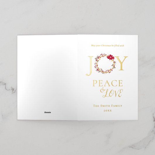 平和と愛と喜びのクリスマスリース |赤ベージュ 箔シーズンカード (外側レイダウン)