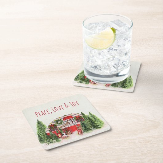 平和と愛と喜びクリスマストレーラーキャンパー スクエアペーパーコースター (インサイチュ)