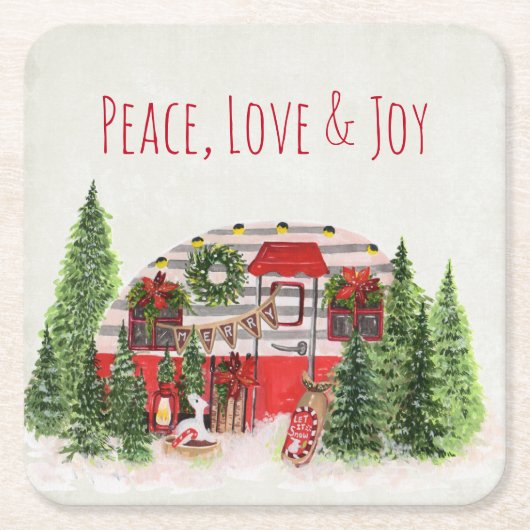 平和と愛と喜びクリスマストレーラーキャンパー スクエアペーパーコースター (正面)