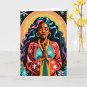 平和と愛と喜びクリスマス黒人女性祈ズ カード (黄色い花)
