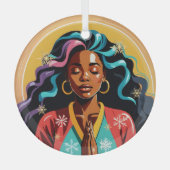 平和と愛と喜びクリスマス黒人女性祈ズ ガラスオーナメント (正面)