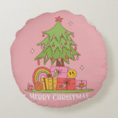 平和と愛と喜びレトロクリスマスツリーピンク ラウンドクッション (裏面)