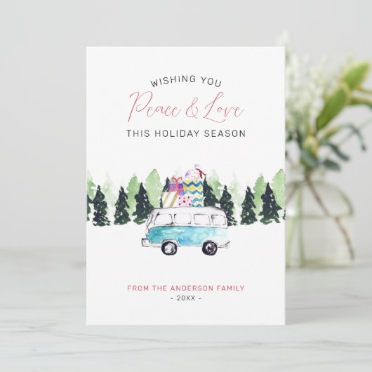 平和と愛のヴィンテージヴァンクリスマスホリデーギフト シーズンカード (スタンド正面)